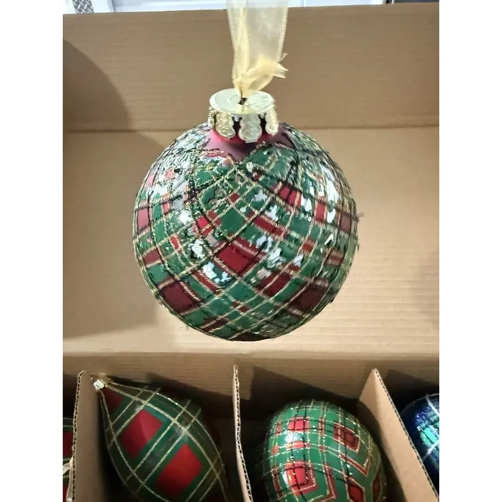 Vintage Jeffrey Banks Home Set of 8 Large Plaid Tartan Glass Ornaments w/ Box